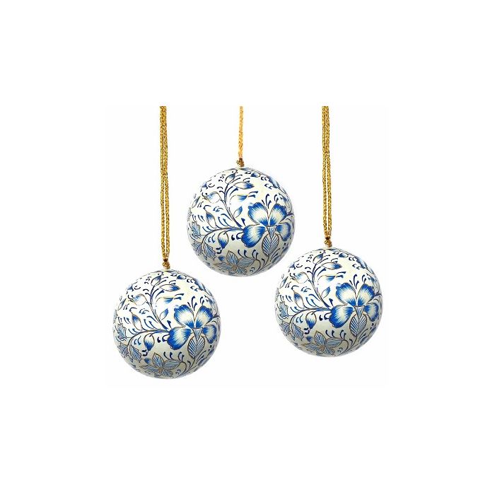 Handpainted Blue Floral Ornaments - Set of 2
